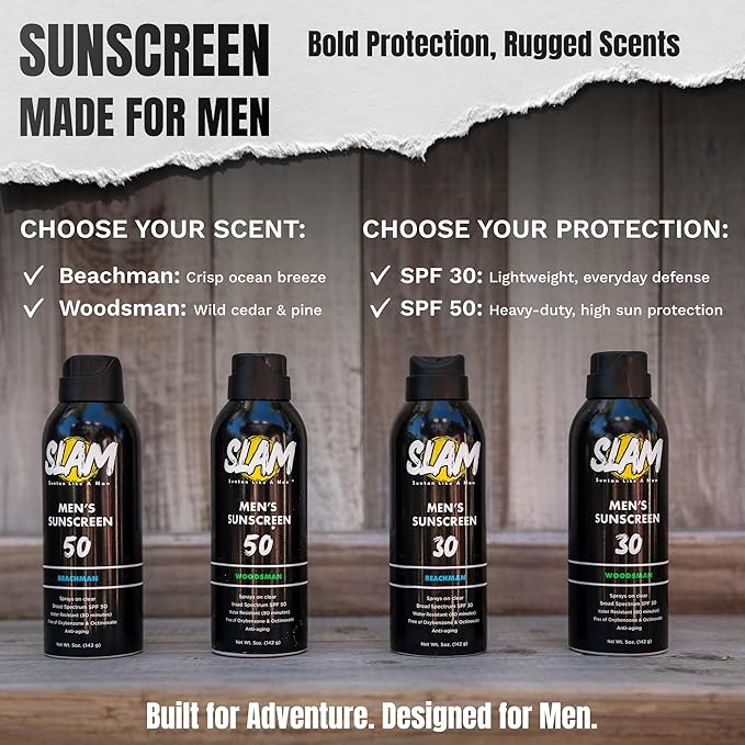 SLAM WoodsMan Men's Scented Sunscreen Spray SPF 30 – Broad Spectrum Sun Screen Spray for Face & Body, Water Resistant & Sweat Resistant Sunscreen, UVA/UVB Protection, Sunblock for Men