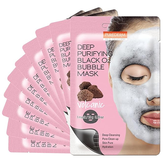 Purederm Deep Purifying Black O2 Bubble Mask Volcanic (10 Pack) - Bubble Face Sheet Mask for Purifying & Deep Cleansing