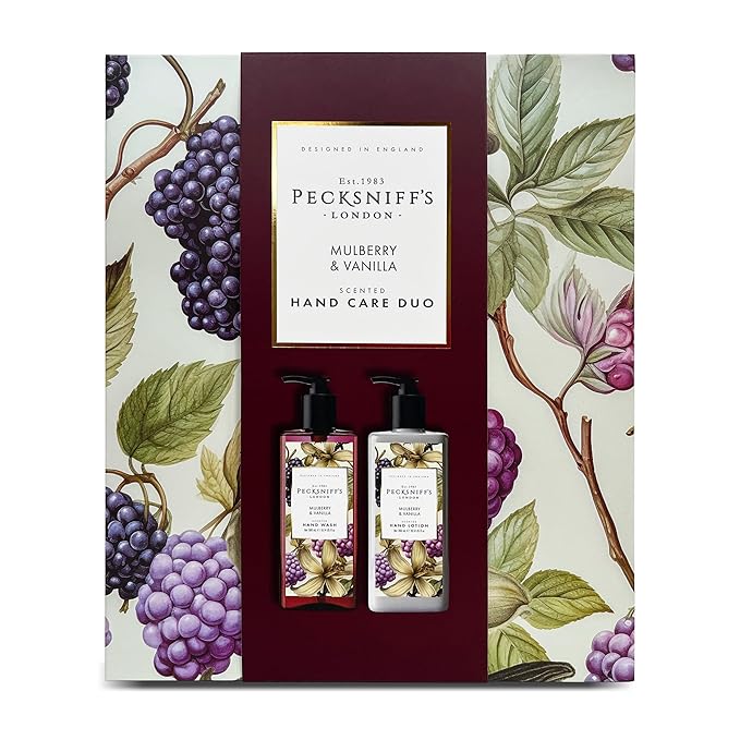 Pecksniffs Moisturizing Hand Wash and Hand & Body Lotion Caddy Set - WildWood Hand Care Duo Gift Set, Mulberry & Vanilla, Hard Box