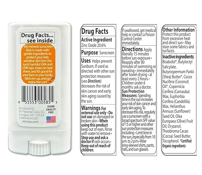 SoCozy Sunscreen Stick, Kids SPF 50 Mineral Sunscreen for Face & Body, 0.6 oz, Water Resistant Sun Protection, Broad Spectrum UVA + UVB Gentle Sun Block Stick (Pack of 2)