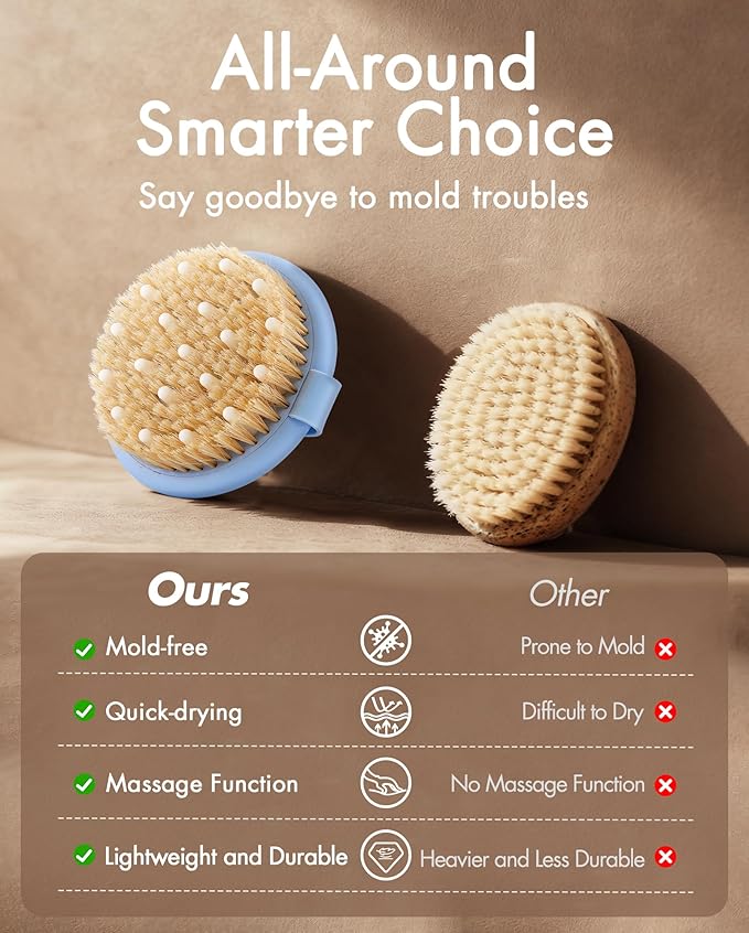 Dry Brushing Body Brush for Massage - Natural Boar Bristle Exfoliating Brush with Massage Nodes for Lymphatic Drainage, Cellulite, Blood Circulation Improving Skin Health for Women Men Elderly(Blue)