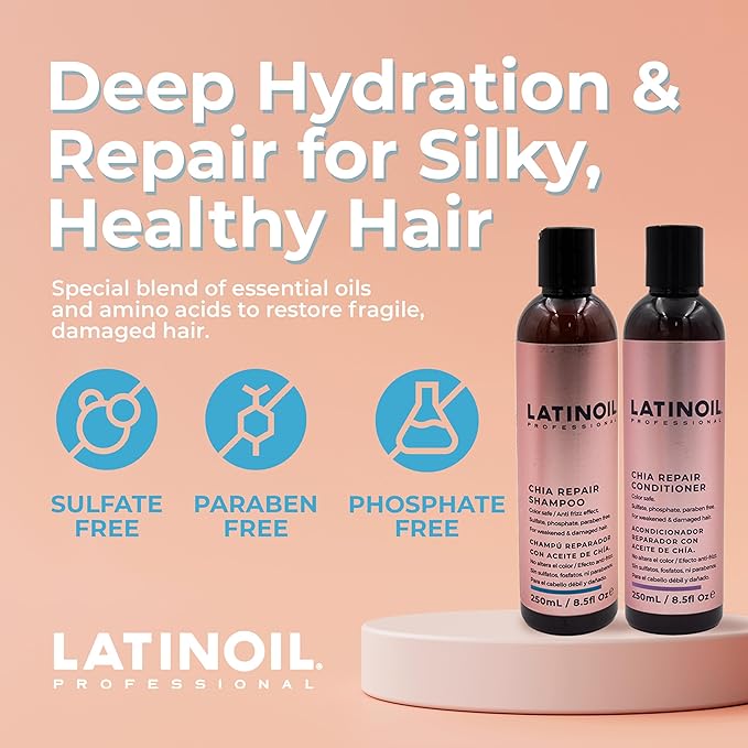 LATINOIL Chia Seeds Hair Repair Shampoo And Conditioner Sulfate & Paraben Free - Very Rich Natural Treatment Product, Thicken the Hair, Safe for Color Treated, Curly, Textured Hair, 8 Oz