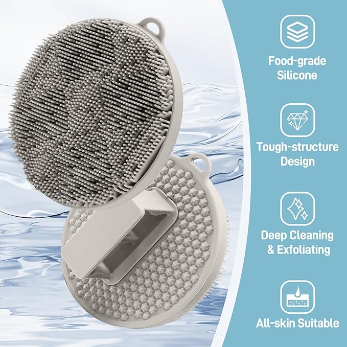 Foot Brush/Foot File/Silicone Body Scrubber Set(3PCS), 3-in-1 Foot Scrubber with Long Handle, 10.2’’-27.5’’Adjustable Foot Scrub Brush with Foot File and Silicone Loofah, Gift-Box(White Set)