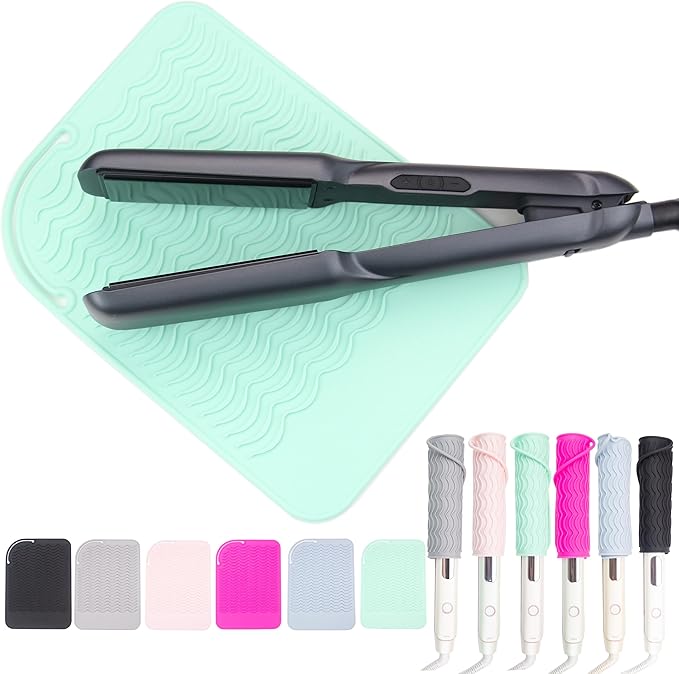 Heysam Hair Styling Tools Travel Storage Pad and Heat Resistant Mat for Curling Iron,Food Grade Silicone Trivets:Professional Heat Insulation/Anti-Slip,450°F Protection,Size (9"x6.5")-Green