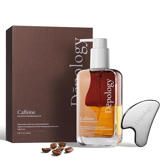 depology Caffeine Body Firming Serum Oil – Non-greasy Hydrating Body Glow Dual-Phase Oil for Dry, Aging Skin with Gua Sha Tool – Skin Tightening Oils with Squalane, Camellia & Caffeine – 5.07 fl oz