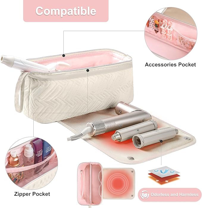 Leudes Hair Tools Travel Bag for Women Heat Resistant Mat for Travel Essentials Hot Tools Straighteners,Flat Irons,Curling Iron,Hot Air Brushes and Hair Dryer Organizer Bags 2 in 1 (Beige)