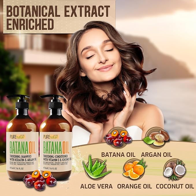 Batana Oil Shampoo and Conditioner Set - Thickening, Sulfate Free Formula for Women and Men - Volumizing, Moisturizing, Professional Salon Care Products for Fine, Thinning Hair - 16 Fl Oz (Pack of 2)