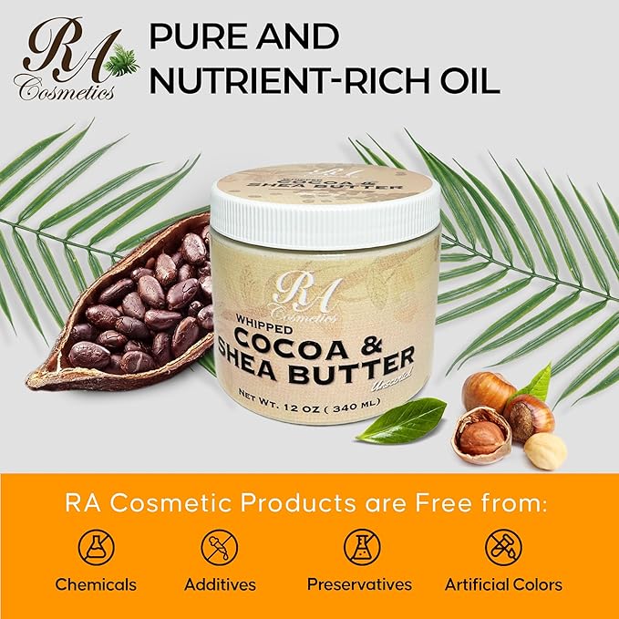 RA COSMETICS Whipped Cocoa & Shea Butter, Unscented - 12oz | 100% Pure & Natural Skin Moisturizer with Coconut Oil | Vitamin-Rich Body Butter for Soft, Supple, and Radiant Skin & Healthy Hairs