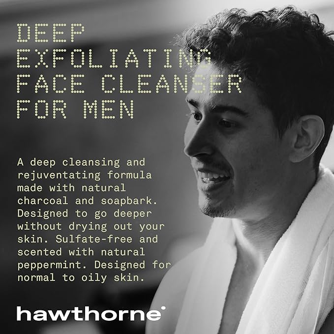 Hawthorne Men's Deep Exfoliating Charcoal Face Wash Cleanser For Normal to Oily Skin. Eliminate Dirt, Grease, and Grime. Natural Ingredients, Vegan, Sulfate Free. 2-Pack, 4 Fl. Oz. Each