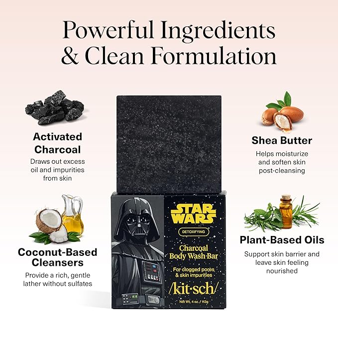 Kitsch Charcoal Soap Body Wash Bar x Star Wars Darth – Detoxifying Bar Soap w/Activated Charcoal – Gently Removes Excess Oil & Impurities, Clears Pores, Firms & Moisturizes Skin – Made in USA - 4 oz