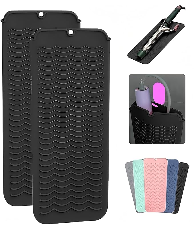 2 Pcs Professional Silicone Heat Resistant Mat Pouch for Curling Iron, Flat Iron and Other Hot Tools, Portable Travel Mat and Cover for Hair Styling Tools with Hanging Hole (2PCS Black)