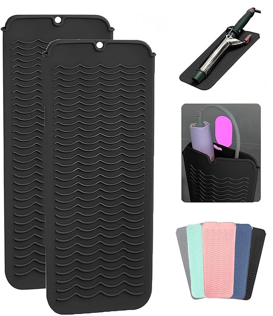 2 Pcs Professional Silicone Heat Resistant Mat Pouch for Curling Iron, Flat Iron and Other Hot Tools, Portable Travel Mat and Cover for Hair Styling Tools with Hanging Hole (2PCS Black)