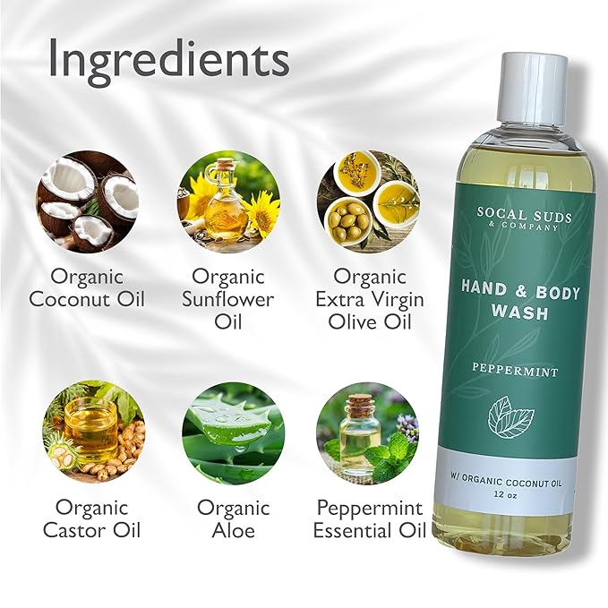 SoCal Suds & Company - 12oz Organic Soap Liquid, Gentle Hand & Body Wash, Organic Body Wash for Men and Women, Made w/Organic Oils & Coconut Oil, Bath Essentials for All Skin Types - Peppermint
