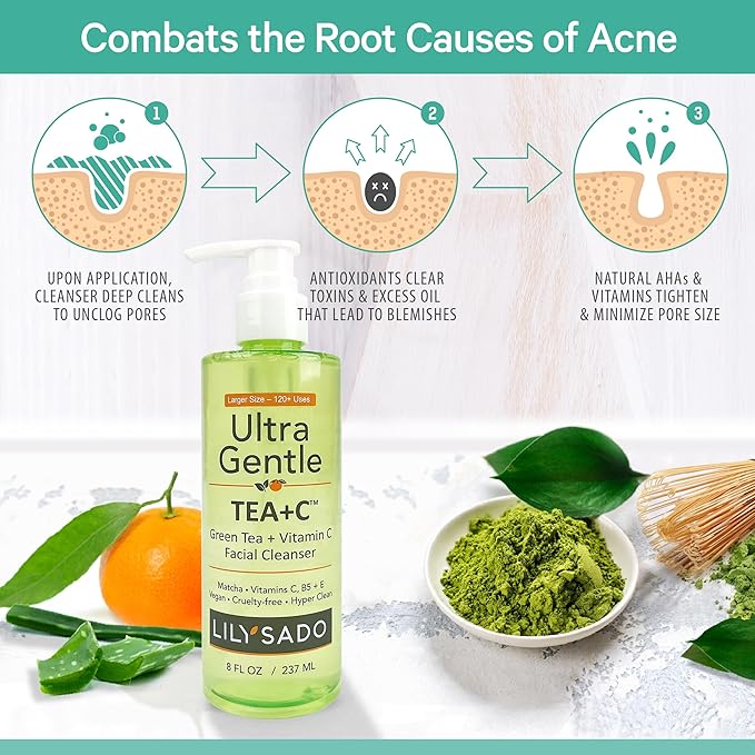 LILY SADO TEA+C™ Green Tea & Vitamin C Face Cleanser – Natural Vegan Antioxidant Daily Face Wash with Aloe, Rosehip, Meadowfoam - Gentle Deep Cleansing for Acne, Blackheads, Blemishes. 8 oz