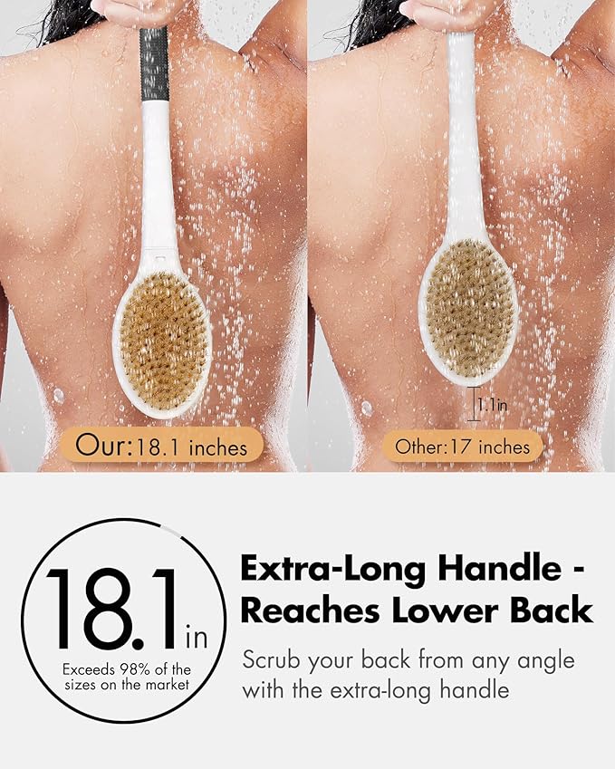 Back Scrubber Anti Slip for Shower: 18.1'' Long Handle Bath Brush with Stiff and Soft Bristles Body Exfoliator Wet or Dry Brushing for Women, Men, Elderly (Charcoal Gray)