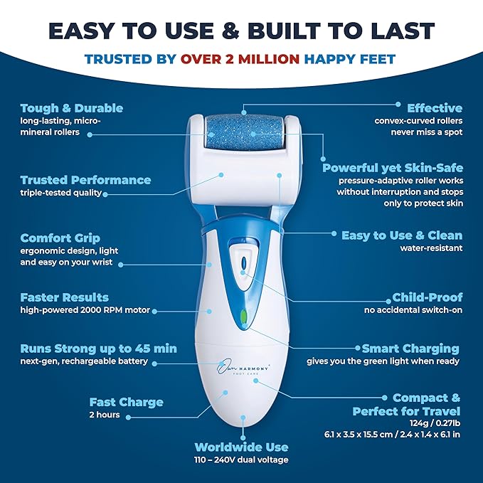 Electric Callus Remover: Own Harmony Professional Pedicure Tools Foot Care for Women, Rechargeable Foot Scrubber, CR900 Electronic Feet File Pedi Sander Best for Hard Cracked Dry Dead Skin, 3 Rollers