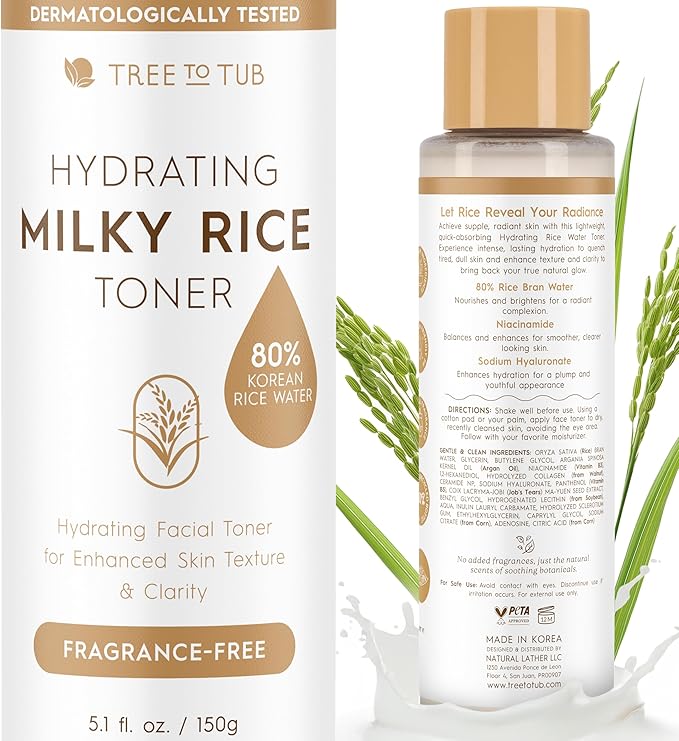 Tree To Tub Rice Toner Korean Formula for Face to Enhance Skin’s Natural Glow w/Ceramide NP & Niacinamide - 80% Rice Bran Water Hydrating Toner for Dry, Dehydrated Skin