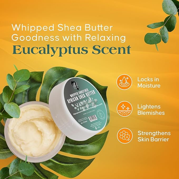 RA COSMETICS - 100% Whipped Unrefined Moisturizing African Shea Butter 6 oz Eucalyptus Ultimate Skin Moisturizer