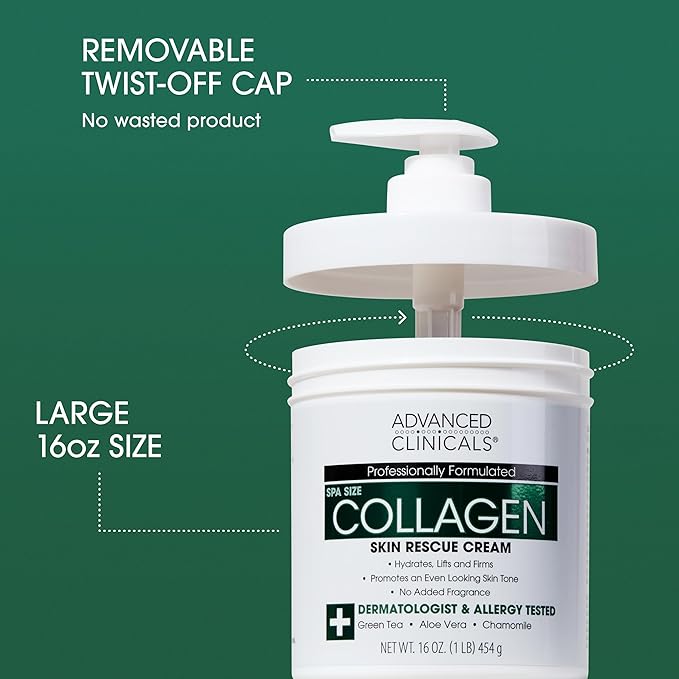 Advanced Clinicals Collagen Cream Body Lotion & Face Moisturizer | Skincare Anti Aging Collagen Lotion For Women, Men, Hand, & Neck Improves Look Of Crepe Skin & Uneven Dry Skin, 16Oz + Travel Size