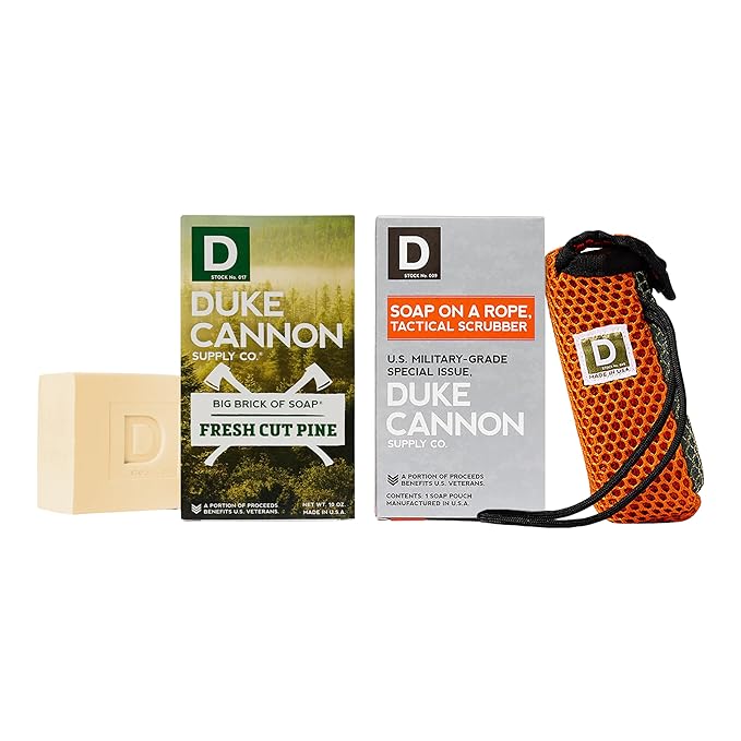 Duke Cannon Bar Soap + Tactical Scrubber 2 Pack Bundle | Fresh Cut Pine Big Brick Soap (10 oz) & Military-Grade Tactical Pouch | Triple-Milled, Paracord Handle | Coarse and Soft Mesh