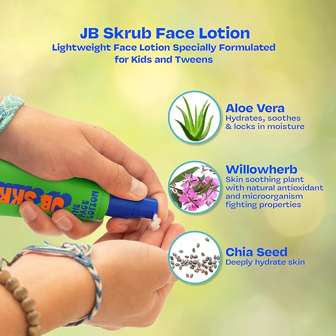 JB SKRUB The Face Lotion - Hydrating Skin Care for Kids and Teens, Acne Face Moisturizer, Fast-Absorbing & Oil-Control, Blue Light Protection, Vegan & Cruelty-Free, 1.7 oz
