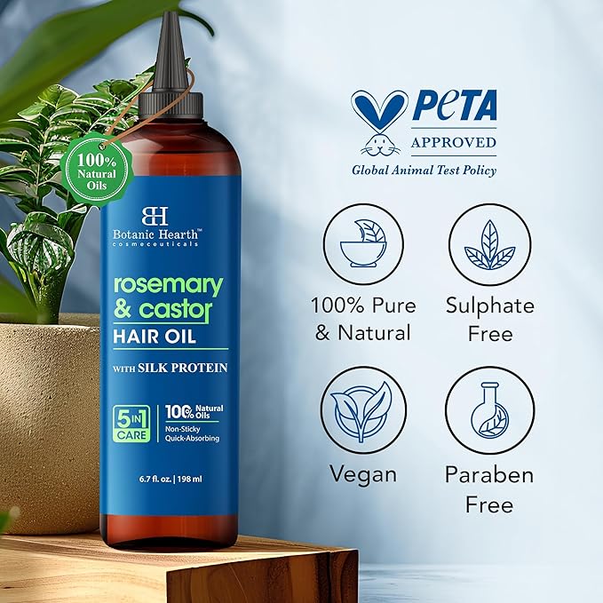 Botanic Hearth Rosemary & Castor Hair Oil (6.7 Fl Oz) |Nourishing and Strengthening Hair Treatment for Thicker, Healthier|Looking Hair | Paraben Free | Suitable for All Hair Types