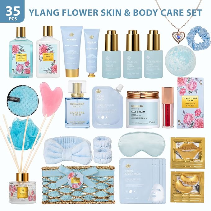 Christmas Gifts for Women, 35 Pcs Bath & Body Gift Basket, Face Skin Care Kit, Spa Gift Set, Self-Care Relaxation Gift, Home Spa, Necklace, Bath Bomb, Birthday, Valentines, Mother Day, Anniversary