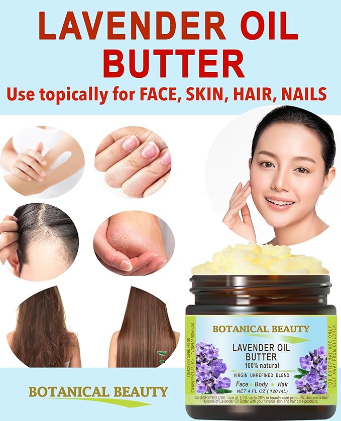 Botanical Beauty LAVENDER OIL BUTTER 100% Natural Lavender Essential Oil in Shea Nut Butter for FACE, SKIN, BODY, HAIR, NAILS. Beauty Skin Moisturizer Oil Butter. (4 Fl Oz)