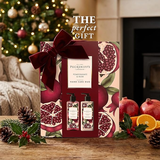 Pecksniffs Moisturizing Hand Wash and Hand & Body Lotion Caddy Set - Enchanted Winter Hand Care Duo, Pomegranate & Musk, Hard Box