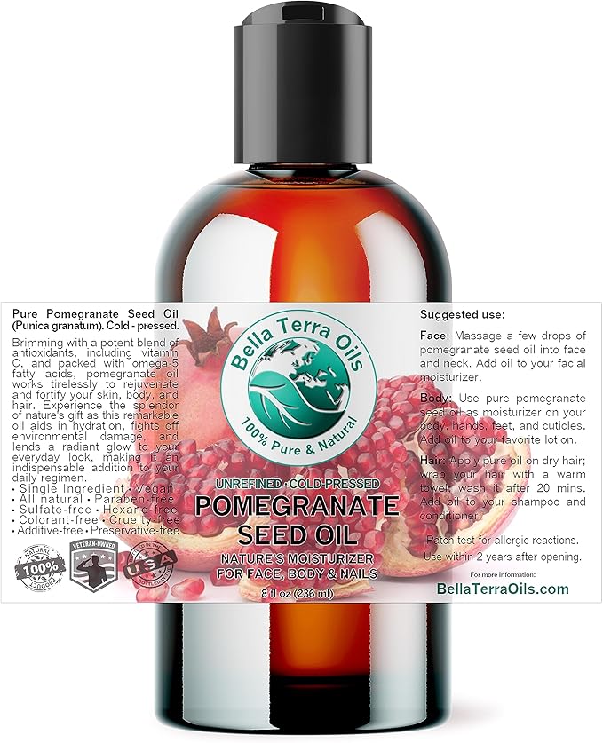 Bella Terra Oils - Organic Pomegranate Seed Oil 8 oz - Rich in Nutrients for Skin Hydration, Cold-Pressed from Organic Pomegranate Kernels
