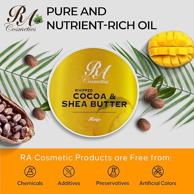 RA COSMETICS Whipped Cocoa & Shea Butter, Mango - 12oz | 100% Pure & Natural Skin Moisturizer with Coconut Oil | Vitamin-Rich Body Butter for Soft, Supple, and Radiant Skin & Healthy Hairs