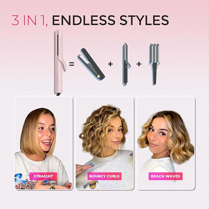 TYMO Airflow 2.0 Curling Iron Flat Iron - Hair Straightener and Curler 2 in 1, 1.25 Inch Curling Wand for Long Short Hair, Dual Voltage for Travel, 54 Million Ionic, Anti-Tangle, 5 Temps, Pink