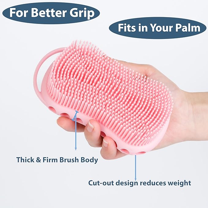 MtBoi Double-Sided Exfoliating Silicone Body Scrubber, 2-in-1 Bath Scrubber, Shampoo Brush, Silicone Loofah for All Skin Types, Shower Body Scrubber, Easy to Clean, Lather Well (Pink)