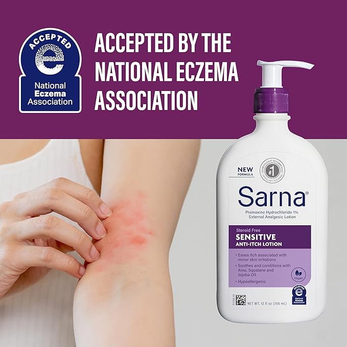 Sarna Sensitive Anti-Itch Lotion, Steroid-Free, Fragrance-Free, Vegan, Hypoallergenic, National Eczema Association Accepted, 1% Pramoxine Hydrochloride, 12 oz (Pack of 2)