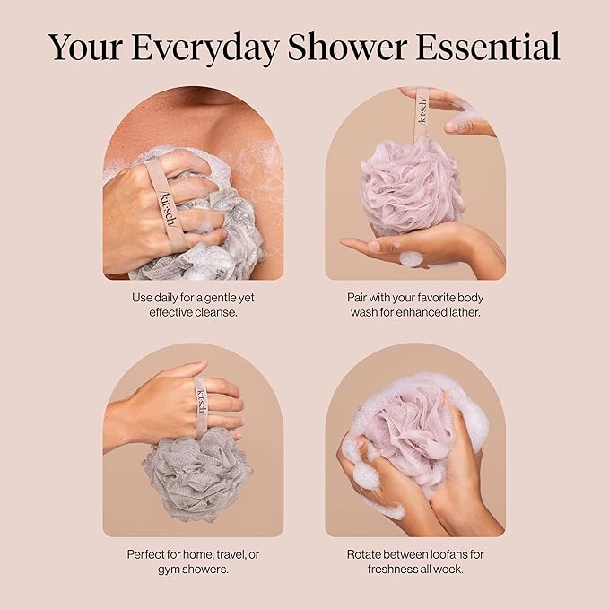 Kitsch Shower Loofah – Soft Mesh Body Scrubber & Bath Sponge for Daily Gentle Cleansing – Durable Loofah for Men and Women with Hanging Loop, Eco-Friendly, 100% PCR Material – 3pc Set, Ballet