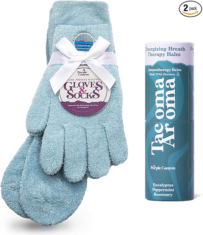 Purple Canyon Aloe Infused Socks and Gloves and Heel Balm Dry Feet Treatment | Blue Socks and Gloves with Vitamin E for Foot Health | Beeswax Essential Oil Balm with Heel Socks for Dry-Cracked Feet