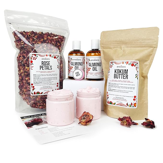 Better Shea Butter Body Butter Making Kit, Includes Kokum Butter, Almond Oil, Dry Rose Petals, Pink Mica, 2 Jars & DIY Recipe Card with Link to Video Tutorial - Natural Whipped Body Lotion Making Kit