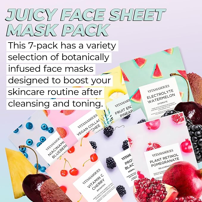 Vitamasques Face Masks Skincare Sheet Kit, 7-Pack - Juicy Collection of Triple-Layer Sheet Facial Masks - Korean Skin Care Pore Purifying, Brightening, and Hydrating