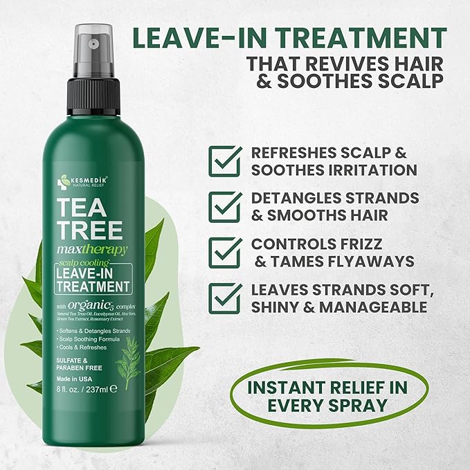 Pure Tea Tree Oil Leave In Conditioner Detangler Spray, Frizz Control, Intensive Dry & Itchy Scalp Treatment, Anti Dandruff & Scalp Psoriasis Relief, Men & Women, Paraben & Sulfate Free