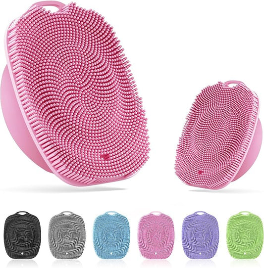 Soft Silicone Body Scrubber, Gentle Like a Hand Exfoliating Your Skin and Build Up Lather, Back Large Suction Cup Easy to Store, & Deep Clean (Body Scrubber + Face Scrubber Pink)