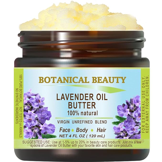 Botanical Beauty LAVENDER OIL BUTTER 100% Natural Lavender Essential Oil in Shea Nut Butter for FACE, SKIN, BODY, HAIR, NAILS. Beauty Skin Moisturizer Oil Butter. (4 Fl Oz)