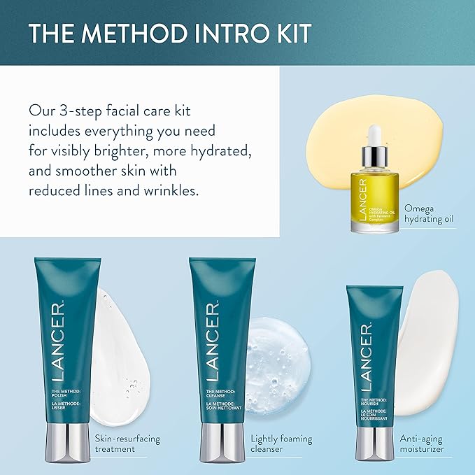 Lancer Skincare The Method Intro Kit, 3-Step Anti-Aging Facial Exfoliator, Cleanser, and Moisturizer Kit for Glowing Skin, Reveals Instantly Supple Soft Skin