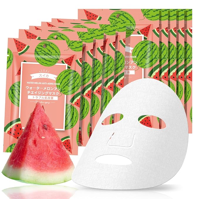 10 Pack Fruits Sheet Face Mask, Watermelon Refreshing Mask SkinCare, Moisturizing Face Mask, Leaves Skin Smoother Looking Hydration With Antioxidants Natural Vegan for All Skin Types