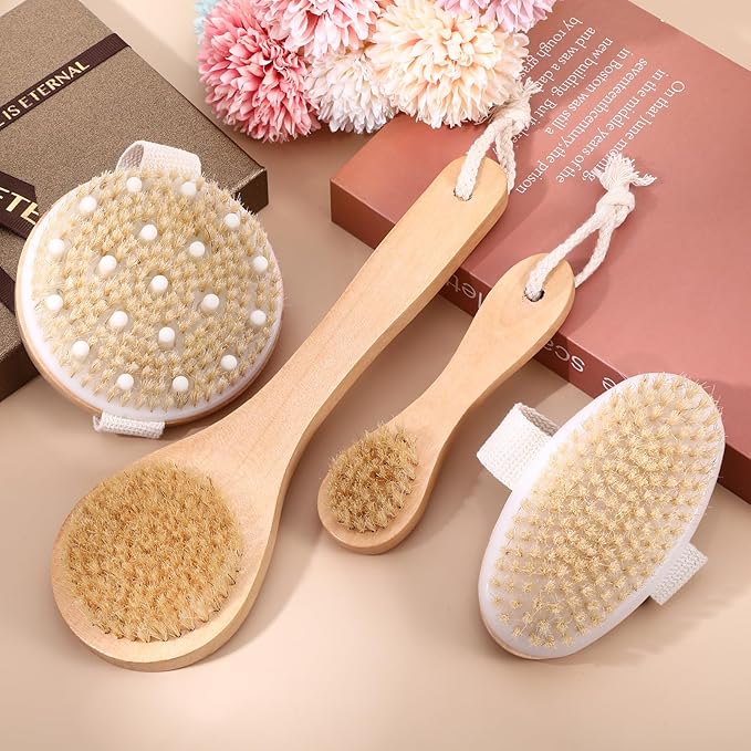 4 Pcs Dry Brushing Body Brush for Lymphatic Drainage, Pore Cleaning Brush Set Long Handle Back Scrubber for Shower, Soft Dry Brush for Body Face, Bath Brushing Cellulite Exfoliating Brushes