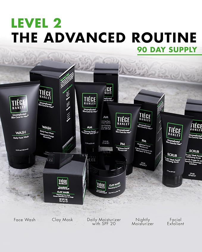 Tiege Hanley 90 Day Large Skin Care Set for Men, Advanced Routine, System Level 2, Daily Face Wash, Facial Scrub, Two Moisturizers, and Eye Cream for Healthy Skin, Men’s Skin Care, 5 Piece Kit