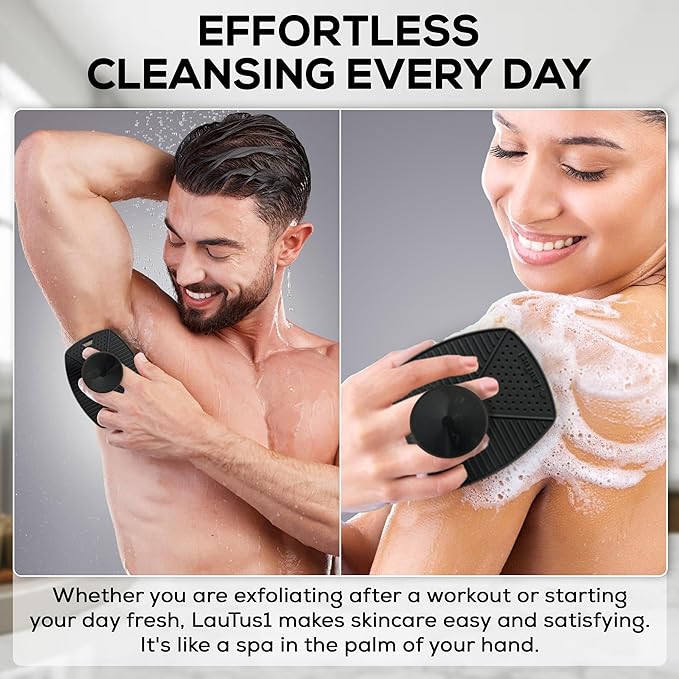 Silicone Body Scrubber – Exfoliating Shower Brush with Suction Handle & Hook, Soft Loofah for Men, Women, Babies, Gentle, Hygienic, Reusable - Graphite Black