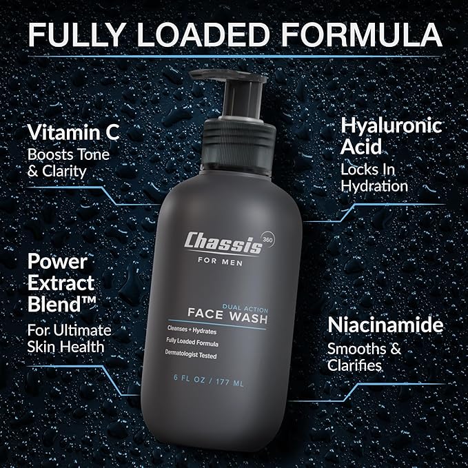 Chassis 360 Dual Action Face Wash - Hydrating & Oil Control Men's Face Wash with Niacinamide, Vitamin C & Hyaluronic Acid - Free From Phthalates, Parabens & Sulfates - Unscented Cleanser - 6 Fl Oz