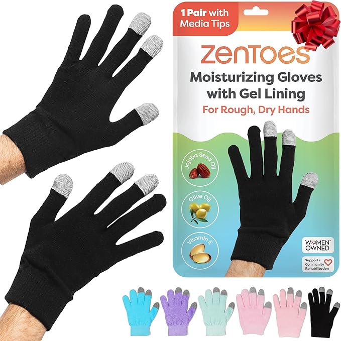 ZenToes Moisturizing Gloves for Dry Hands, Gel Infused with Jojoba Seed Oil, Olive Oil and Vitamin E, Overnight Hand Moisturizer (Large, Cotton Black)