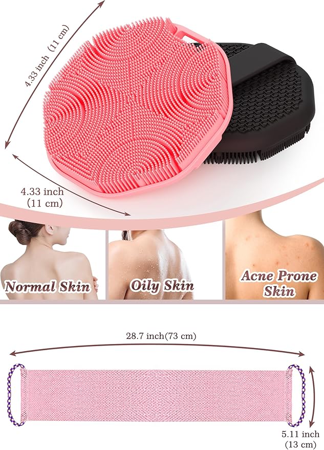 Manmihealth Soft Silicone Body Scruuber & African Bath Sponge Net Set, Gentle-Cleansing Shower Brush & Exfoliating Mesh Combination, Lathering Well Africa Wash Net Shower Scrubber (Black+Pink)