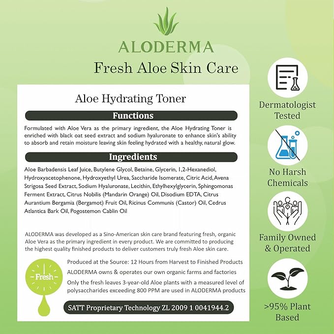 Aloderma Aloe Hydrating Facial Toner Made with 91% Organic Aloe Vera - Natural Pore Refining, Non-irritating, Alcohol-Free Moisturizing Toner for Face with Hyaluronic Acid for All Skin Types, 4.2oz